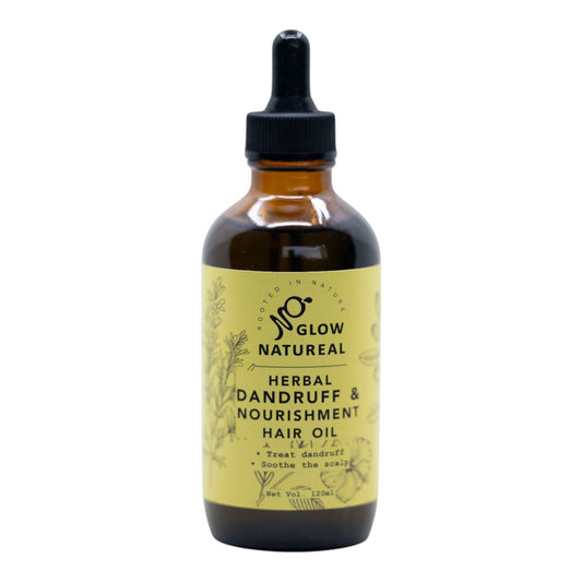 GlowNatureal herbal hair oil in an amber glass dropper bottle for dandruff treatment and scalp nourishment.
