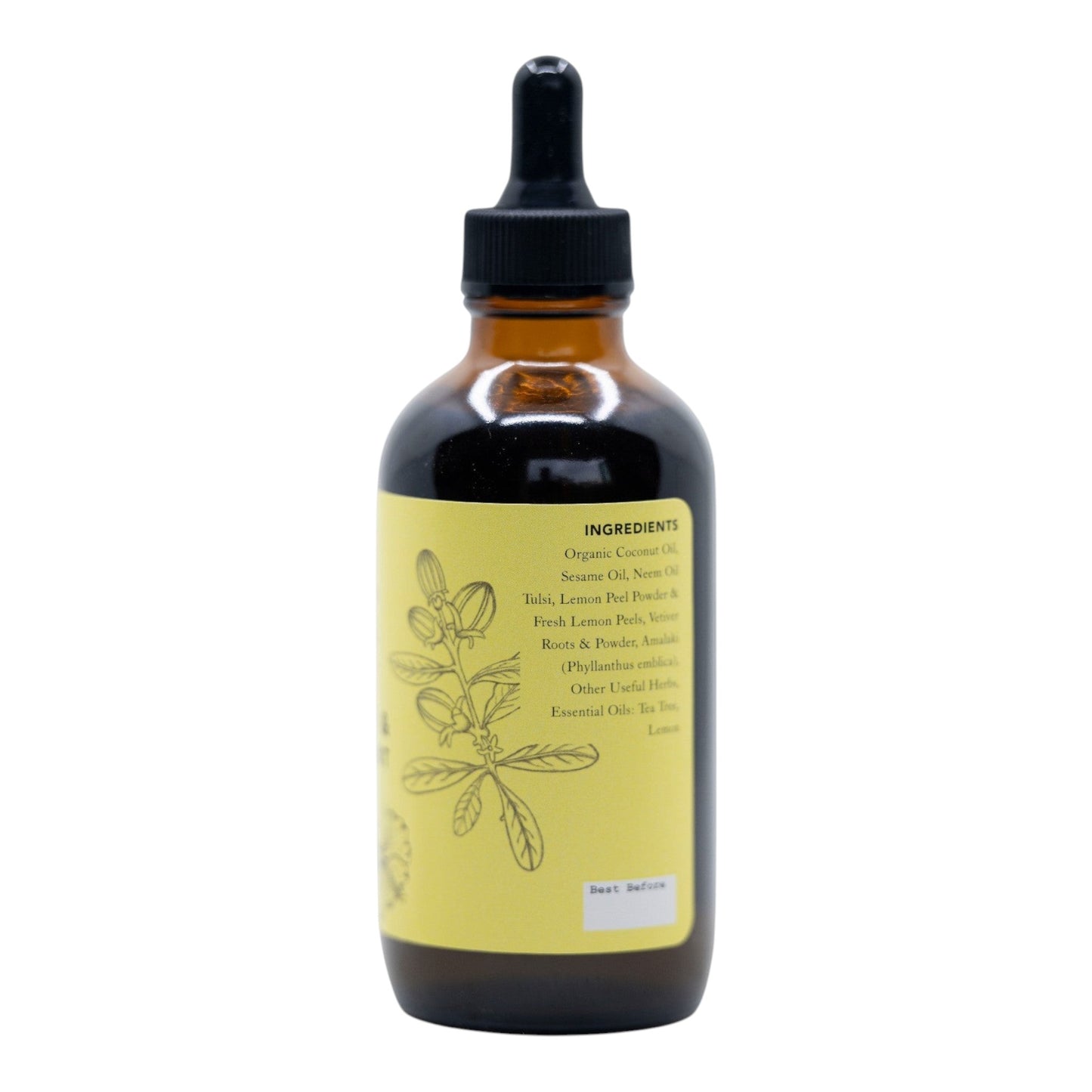 GlowNatureal herbal dandruff oil in an amber glass dropper bottle with a yellow label listing organic ingredients.