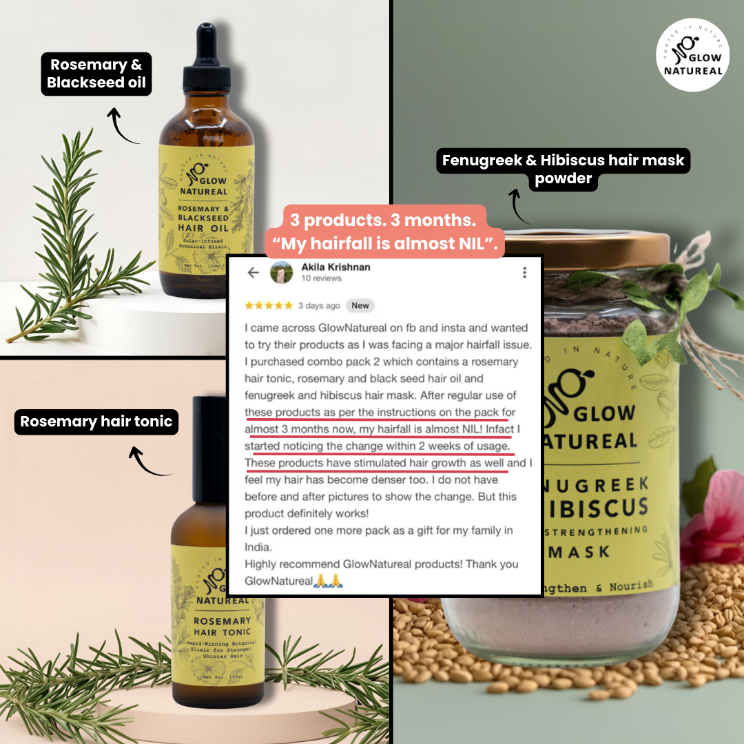 Hair Fall Control Combo (Rosemary & Blackseed Oil + Fenugreek & Hibiscus Mask Powder + Rosemary Hair Tonic) - 9