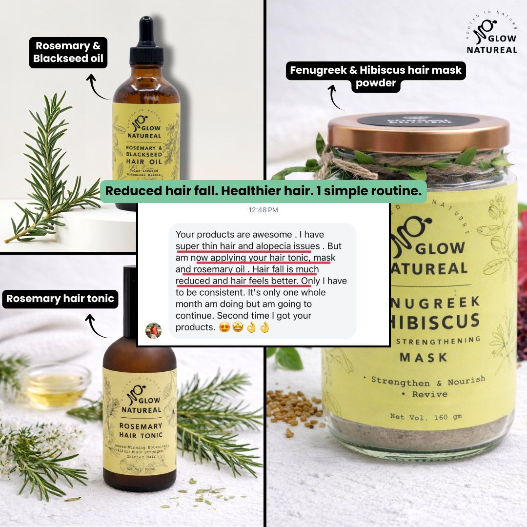 Hair Fall Control Combo (Rosemary & Blackseed Oil + Fenugreek & Hibiscus Mask Powder + Rosemary Hair Tonic) - 9
