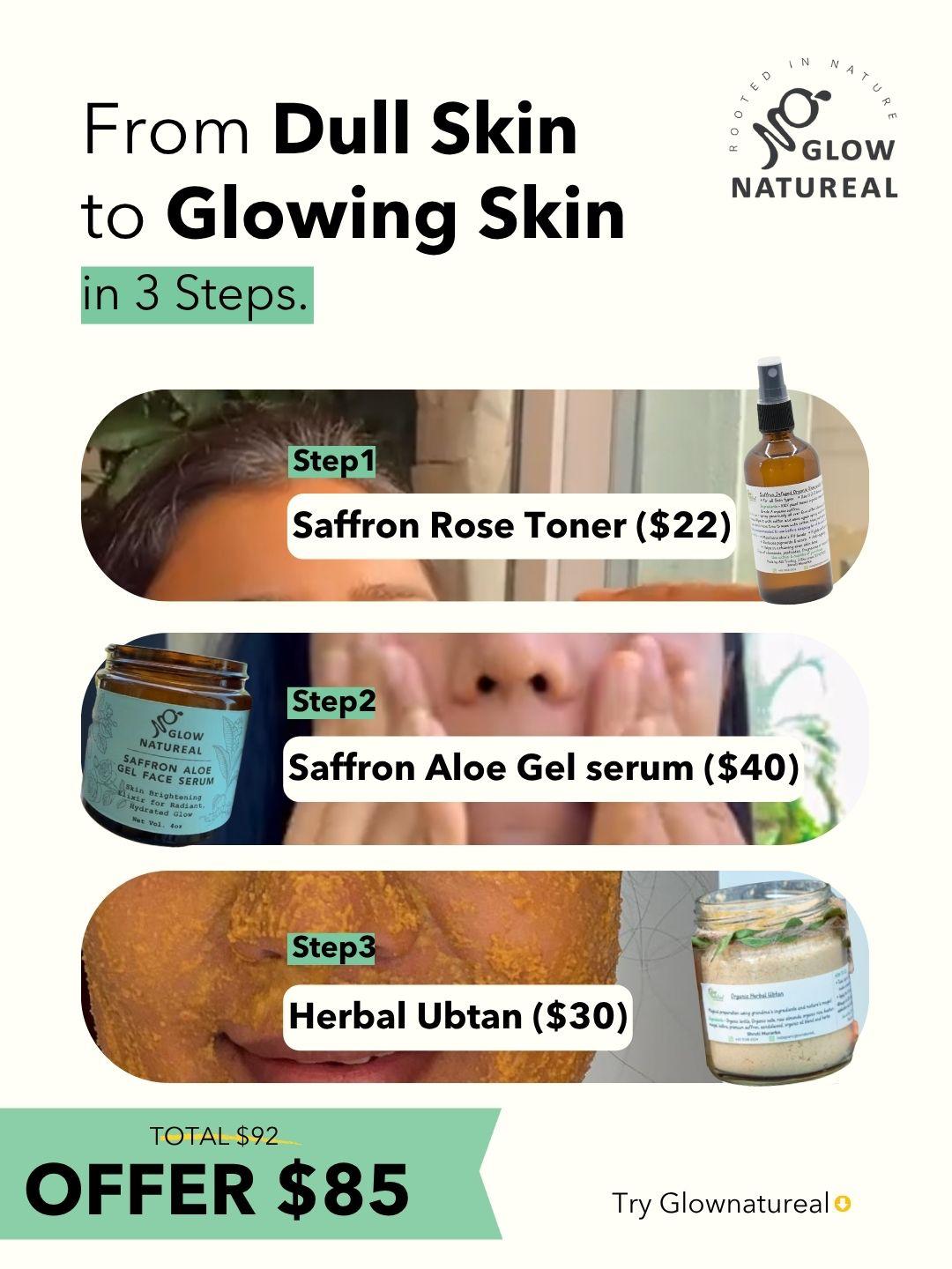 Glowing Skin Saffron Combo (Saffron Rose Toner + Saffron Aloe Serum + Herbal Ubtan)