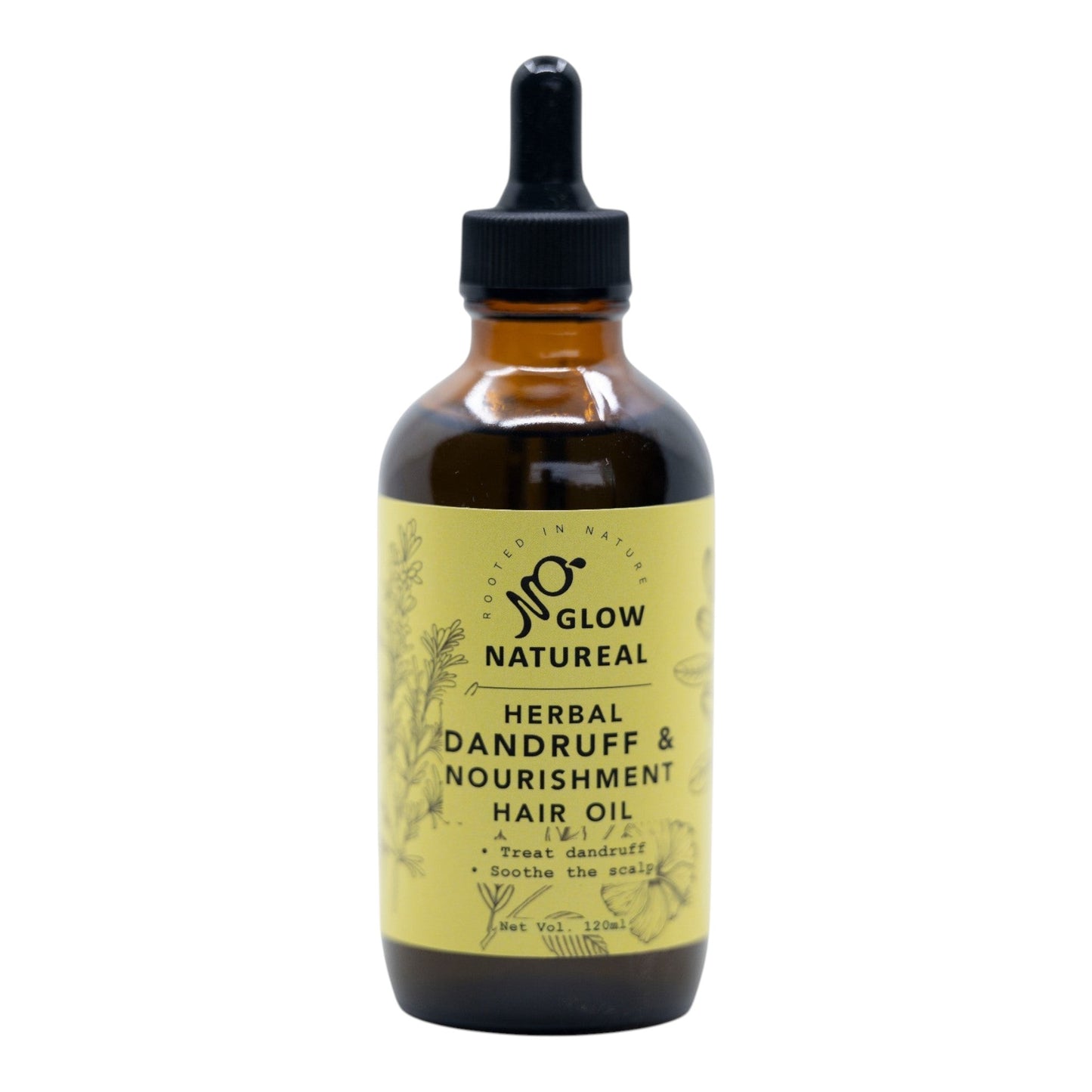 GlowNatureal herbal hair oil in an amber glass dropper bottle for dandruff treatment and scalp nourishment.