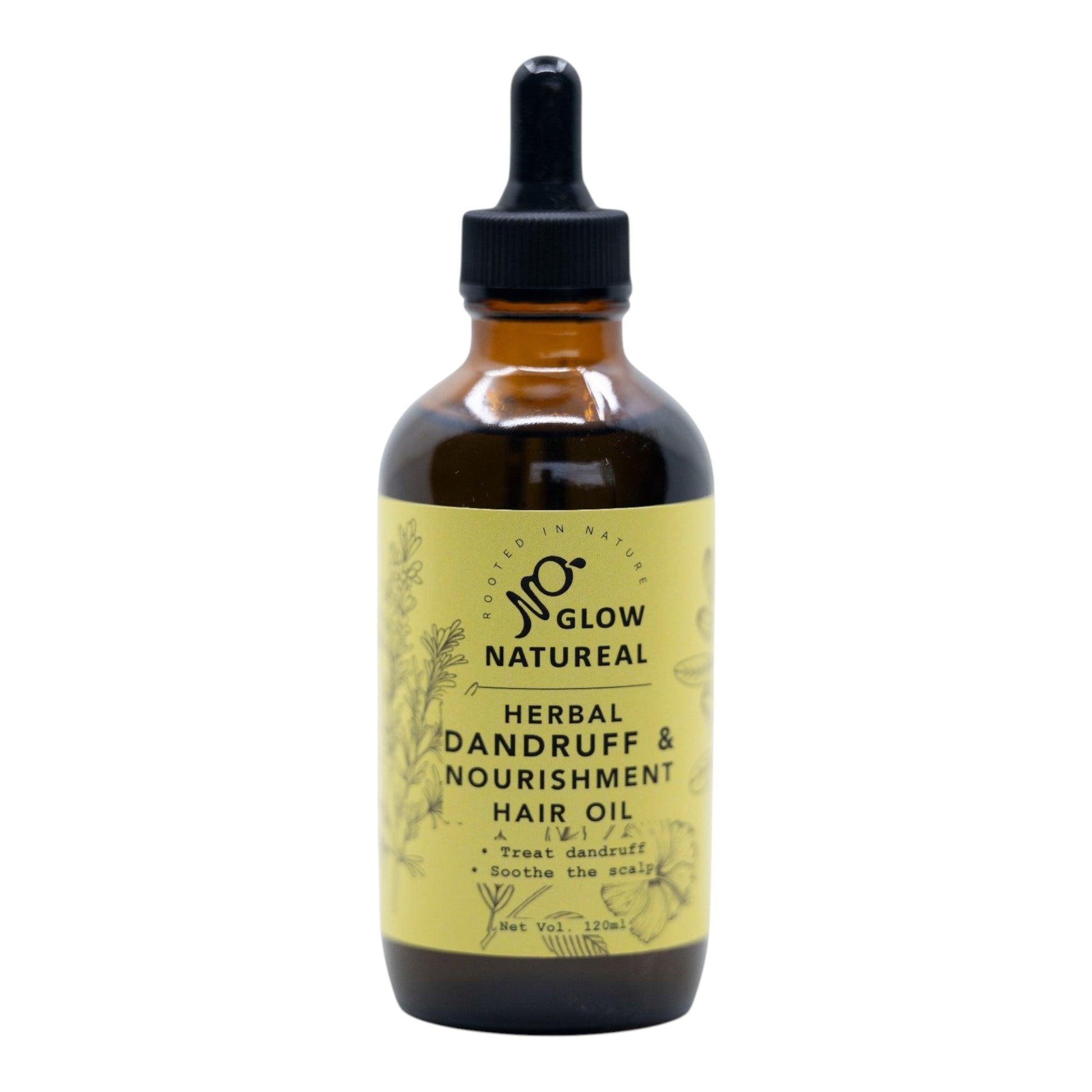 GlowNatureal herbal hair oil in an amber glass dropper bottle for dandruff treatment and scalp nourishment.
