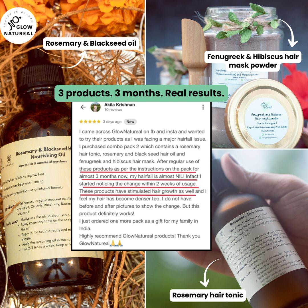 Hair Fall Control Combo (Rosemary & Blackseed Oil + Fenugreek & Hibiscus Mask Powder + Rosemary Hair Tonic)